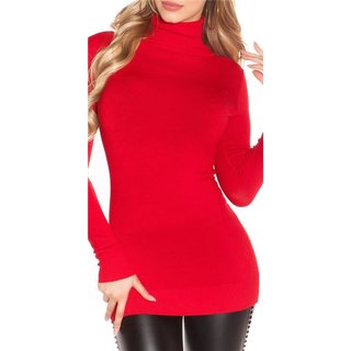 Ladies fine-knitted long sweater with turtle neck red Onesize (UK 8,10,12)