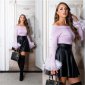 Eleganter Damen Feinstrick Pullover mit Volantärmeln Flieder