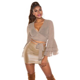 Bauchfreie Damen Wickelbluse mit Volantärmeln Braun-Beige