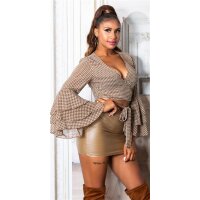 Bauchfreie Damen Wickelbluse mit Volantärmeln Braun-Beige