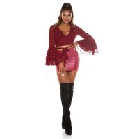 Bauchfreie Damen Wickelbluse mit Volantärmeln Bordeaux-Schwarz