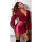Bauchfreie Damen Wickelbluse mit Volantärmeln Bordeaux-Schwarz