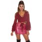 Bauchfreie Damen Wickelbluse mit Volantärmeln Bordeaux-Schwarz