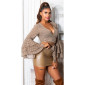 Cropped womens wrap blouse with flounce sleeves brown-beige UK 10/12 (S/M)