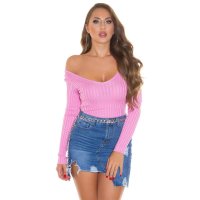 Damen Rippstrick Pullover mit V-Ausschnitt Rosa