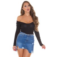 Damen Rippstrick Pullover mit V-Ausschnitt Schwarz