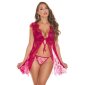 2 pcs womens lace lingerie set negligee + thong wine-red