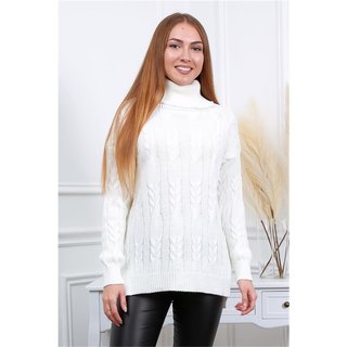 Damen Oversize Rollkragen-Pullover mit Zopfmuster Weiß