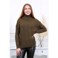 Damen Oversize Rollkragen-Pullover mit Zopfmuster Khaki