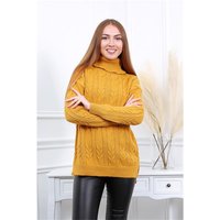 Damen Oversize Rollkragen-Pullover mit Zopfmuster Senfgelb