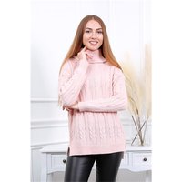 Damen Oversize Rollkragen-Pullover mit Zopfmuster Rosa