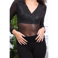 Transparent womens long sleeve mesh bodysuit black