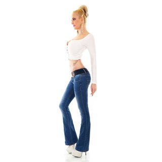 Damen Used-Look Bootcut-Jeans inkl. Gürtel Dunkelblau