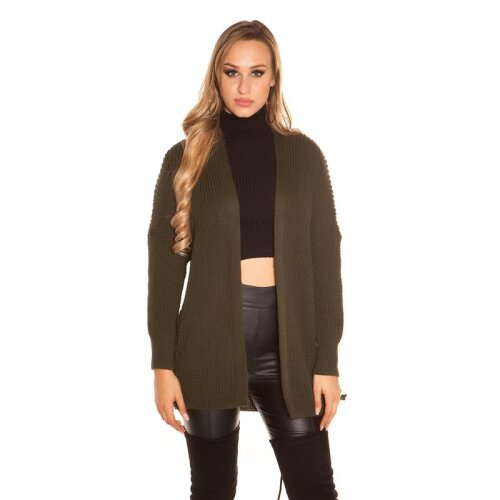 Elegante Damen Strickjacke Cardigan mit Schnürungen Khaki