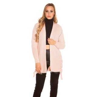 Elegante Damen Strickjacke Cardigan mit Schnürungen Rosa