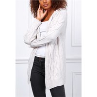 Elegant womens cable-knit cardigan with hood stone