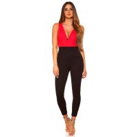 Elegant overall jumpsuit with wide straps red/black