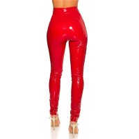 Glänzende Damen Latex-Look Hose mit Zipper am Bein Rot 36 (M)