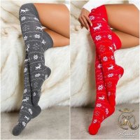 Womens opaque Christmas overknee socks red/white