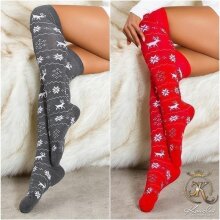 Blickdichte Damen Weihnachts Overknee-Socken Rot/Weiß