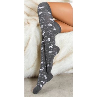 Blickdichte Damen Weihnachts Overknee-Socken Grau/Weiß