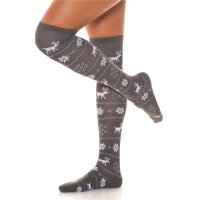 Womens opaque Christmas overknee socks grey/white