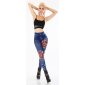 Thick womens thermo leggings jeggings with flower print blue