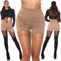 Elastische Damen High Waist Shorts mit Knöpfen Cappuccino