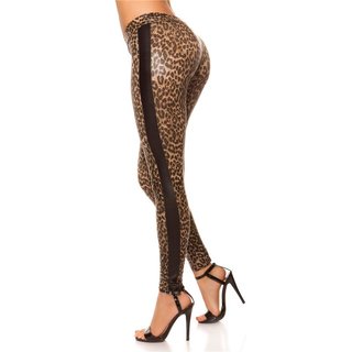Sexy Damen Glanz-Leggings mit Seitenstreifen Leopard-Braun
