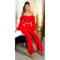 Bauchfreies Damen Langarm Off-Shoulder Oberteil Rot