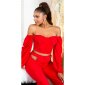 Bauchfreies Damen Langarm Off-Shoulder Oberteil Rot