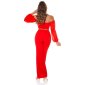 Bauchfreies Damen Langarm Off-Shoulder Oberteil Rot
