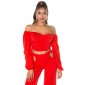 Bauchfreies Damen Langarm Off-Shoulder Oberteil Rot