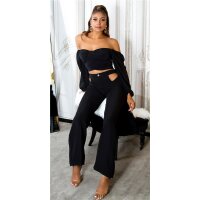 Bauchfreies Damen Langarm Off-Shoulder Oberteil Schwarz