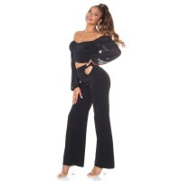 Bauchfreies Damen Langarm Off-Shoulder Oberteil Schwarz