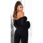 Bauchfreies Damen Langarm Off-Shoulder Oberteil Schwarz