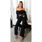 Bauchfreies Damen Langarm Off-Shoulder Oberteil Schwarz