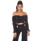 Bauchfreies Damen Langarm Off-Shoulder Oberteil Schwarz