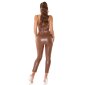 Womens strappy leather look jumpsuit with belt brown