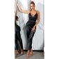Damen Leder-Look Träger-Overall Jumpsuit mit Gürtel Schwarz