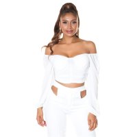 Cropped womens long-sleeved off-the-shoulder top white Onesize (UK 8,10,12)