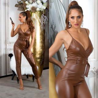 Womens strappy leather look jumpsuit with belt brown Onesize (UK 8,10,12)
