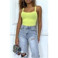 Sexy womens fine-rib strappy top with lace neon-yellow