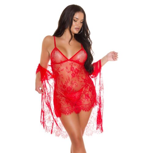 Sexy 3 pcs womens lace lingerie set negligee set red