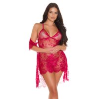 Sexy 3 pcs womens lace lingerie set negligee set wine-red