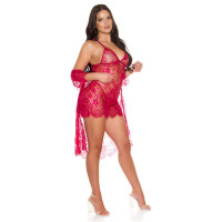 Sexy 3 pcs womens lace lingerie set negligee set wine-red Onesize (UK 8,10,12)