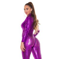 Sexy Damen Catsuit mit Zipper Wetlook Gogo Clubwear Violett