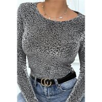 Womens long sleeve shirt with glitter leopard look silver/black