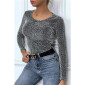 Womens long sleeve shirt with glitter leopard look silver-black