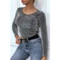 Womens long sleeve shirt with glitter leopard look silver/black UK 10/12 (S/M)